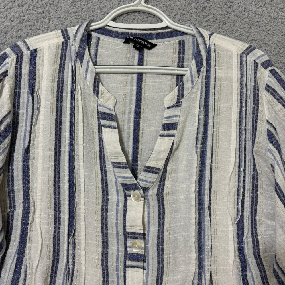 Comfortable Cotton Blend Blouse Roll Tab Sleeve Lightweight Blue Stripe 3X